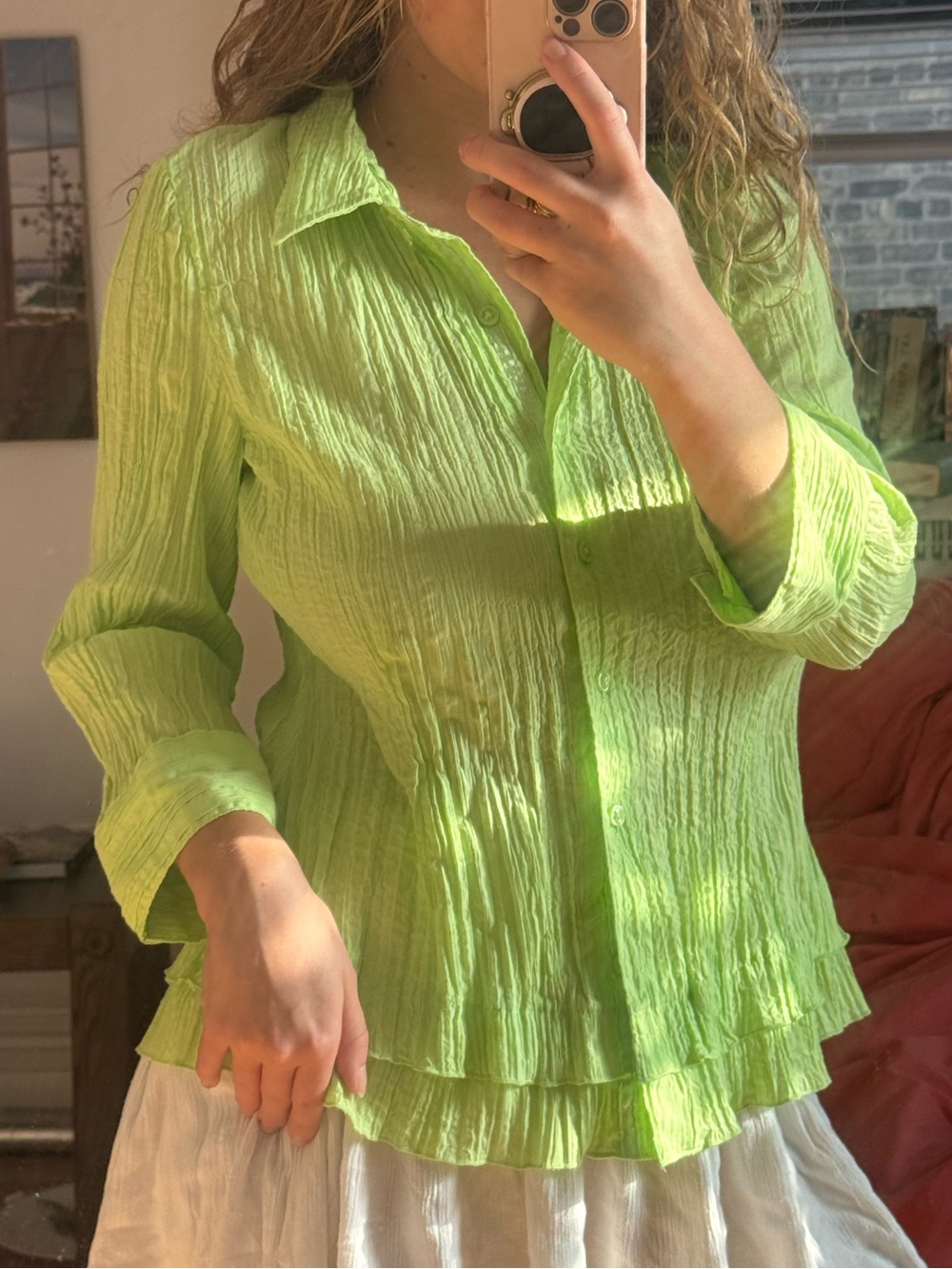 Lime Green C&H Banks Button Down with Ruffled Tiers | Size S